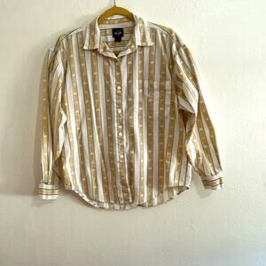 Dockers 100% Cotton Long Sleeve White Camel Navy Stripe Pattern Blouse Size M